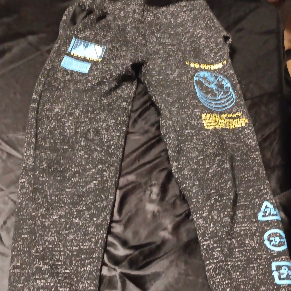 Rue 21, black and blue heathered, graphic printed, joggers with pockets.